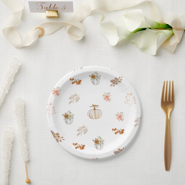 Fall Autumn Pumpkin Floral Print  Paper Plate (Wedding)