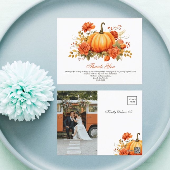 Fall Autumn Pumpkin Floral Wedding Thank You Postcard (Creator Uploaded)