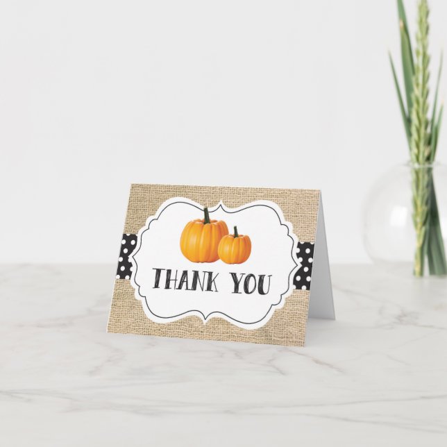 Fall Autumn Pumpkin Orange Black and White Burlap Thank You Card (Front)