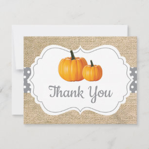Fall Autumn Pumpkin Orange Grey and White Burlap Thank You Card