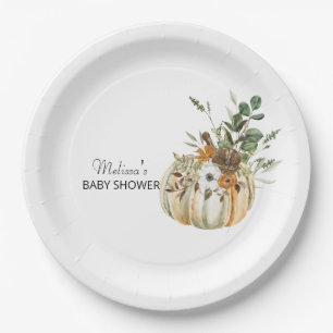 Fall Autumn Pumpkin Rustic Floral Greenery Paper Plate