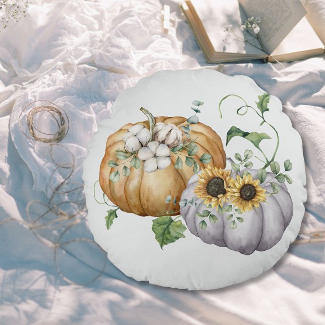 Fall Autumn Pumpkin Sunflower and Cotton Flowers Round Pillow (In situ)