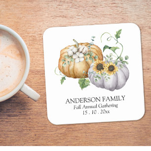 Fall Autumn Pumpkin Sunflower and Cotton Flowers Square Paper Coaster