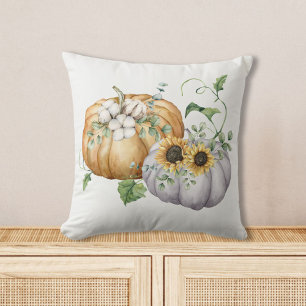 Fall Autumn Pumpkin Sunflower and Cotton Flowers Throw Pillow