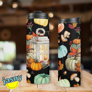 Fall Autumn Pumpkin Themed Black Thermal Tumbler