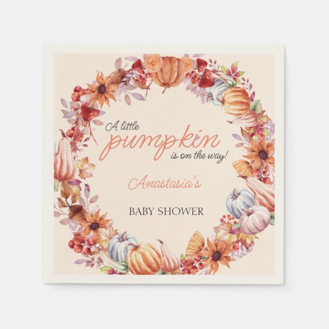 Fall Autumn Pumpkin Watercolor Elegant Baby Shower Napkin (Front)