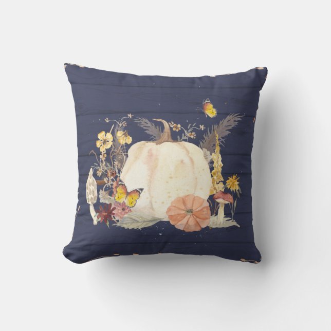 Fall Autumn Pumpkin Wildflower Navy Blue Wood Throw Pillow (Front)