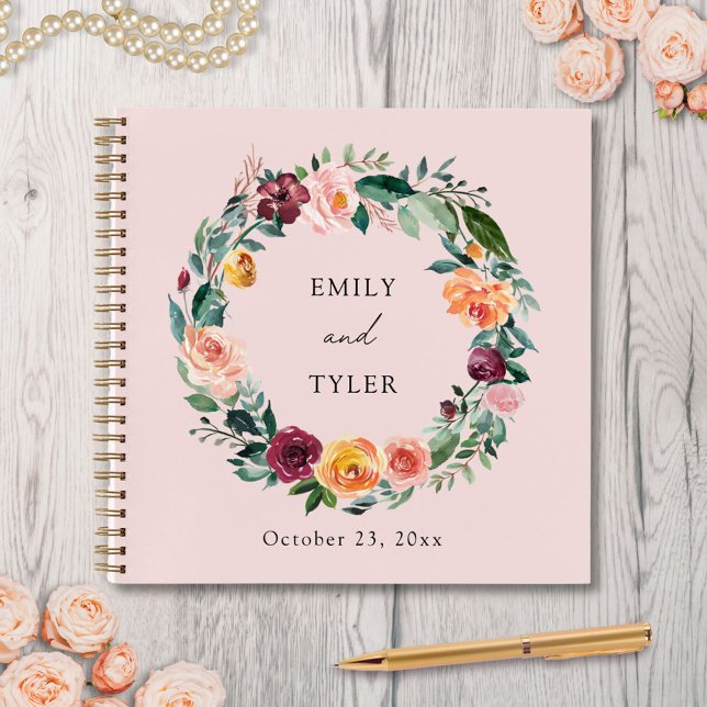 Fall Autumn Rose Floral Wreath Wedding Guest Book (In situ)