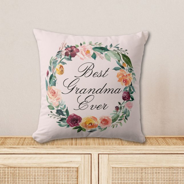 Fall Autumn Rose Flower Floral Wreath Best Grandma Throw Pillow (In situ)
