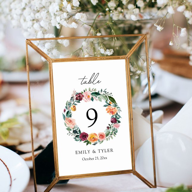 Fall Autumn Rose Flower Floral Wreath Wedding Table Number (In situ)