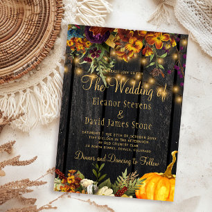 Fall autumn rustic barn wood floral wedding invitation