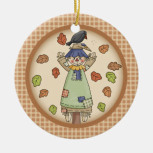 Fall / Autumn Scarecrow on Plaid with Photo Holder Ceramic Ornament