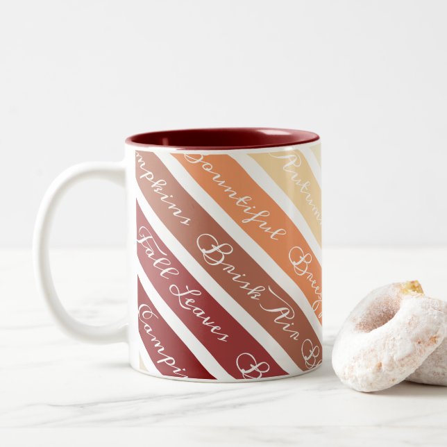 Fall Autumn Spices Stripes & Words Two-Tone Coffee Mug (With Donut)