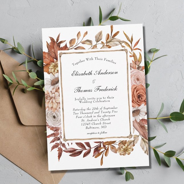 Fall Autumn Terracotta Boho Floral Modern Wedding Invitation (Creator Uploaded)