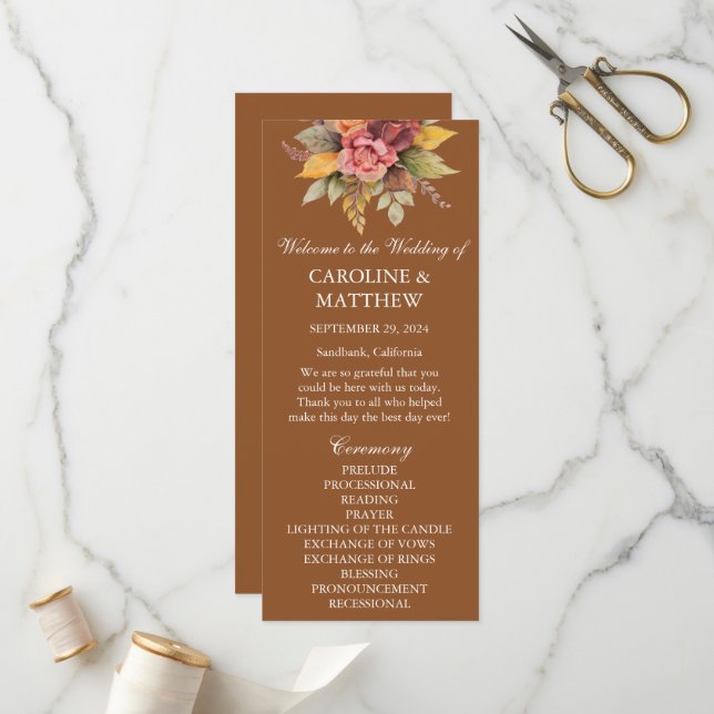 Fall Autumn Terracotta Floral Watercolor Wedding  Program (Front/Back In Situ)