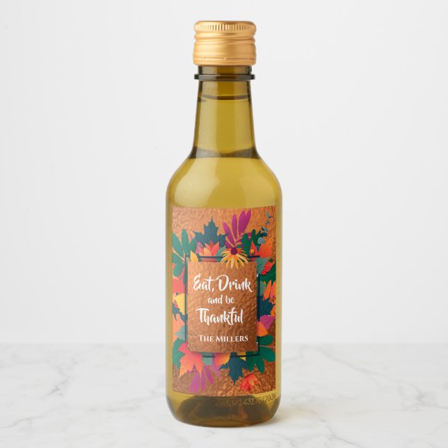Fall Autumn Thanksgiving Leaves on Copper Wine Label (Front)