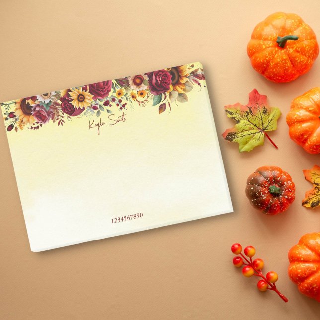 Fall autumn themed burgundy roses sunflowers post-it notes (Fall autumn themed post it notes burgundy roses sunflowers ombre yellow watercolor background)