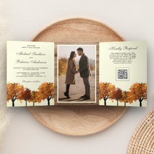 Fall Autumn Trees Forest Photo QR Code Wedding Tri-Fold Invitation