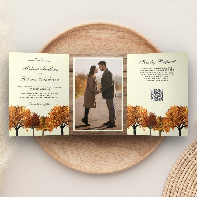 Fall Autumn Trees Forest Photo QR Code Wedding Tri-Fold Invitation (Creator Uploaded)