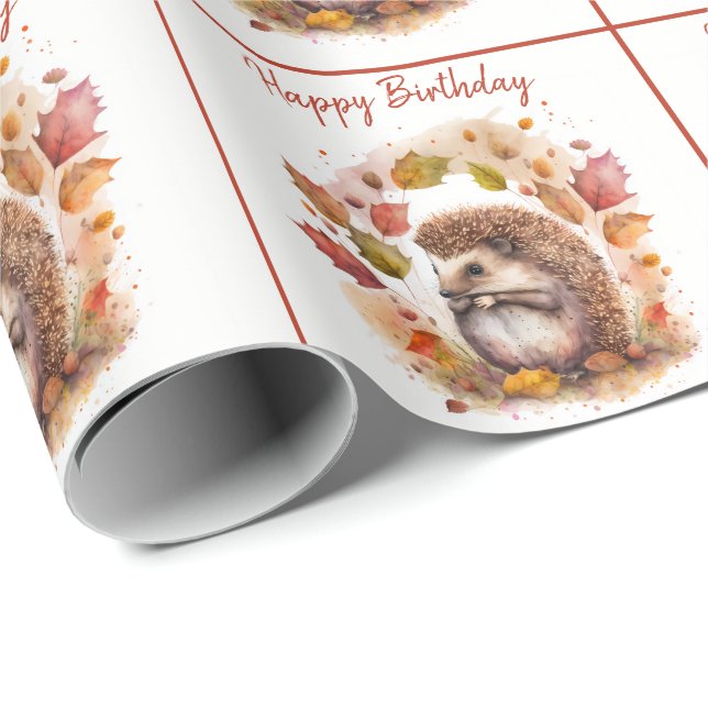 Fall / Autumn Vibes Hedgehog - Happy Birthday Wrapping Paper (Roll Corner)