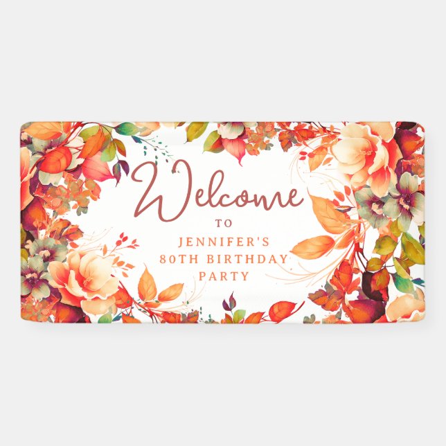 Fall Autumn Watercolor Floral 80th Birthday Party Banner (Horizontal)