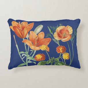 Fall Autumn Watercolor Orange Floral Blue Accent Pillow