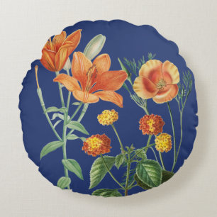 Fall Autumn Watercolor Orange Floral Blue  Round Pillow