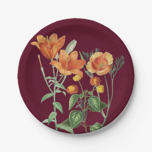 Fall Autumn Watercolor Orange Floral Burgundy Paper Plate