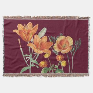 Fall Autumn Watercolor Orange Floral Burgundy  Throw Blanket