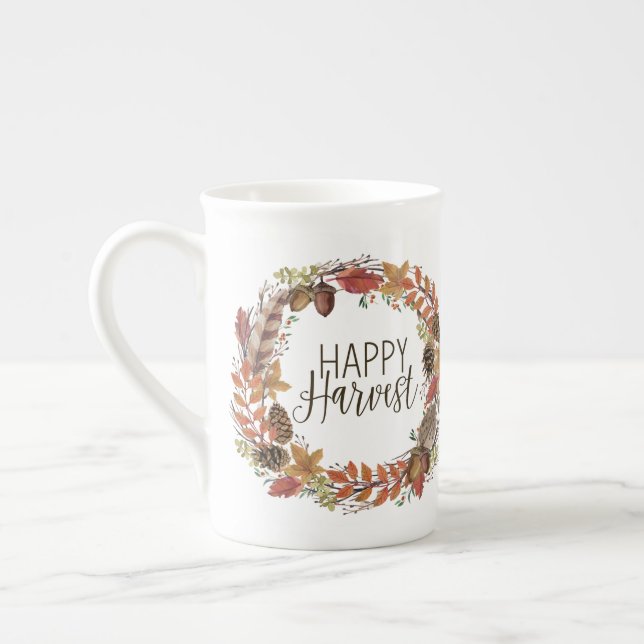 fall autumn watercolor wreath bone china mug (Left)