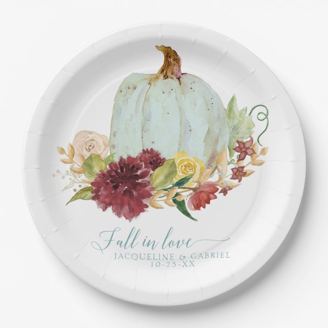 Fall Autumn Wedding Aqua Blue Pumpkin Floral Paper Plate (Front)