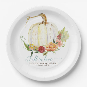 Fall Autumn Wedding White Pumpkin Red Floral Paper Plate