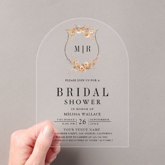 Fall Autumn Wildflower Crest Bridal Shower Acrylic Invitations (Insitu (Handheld))