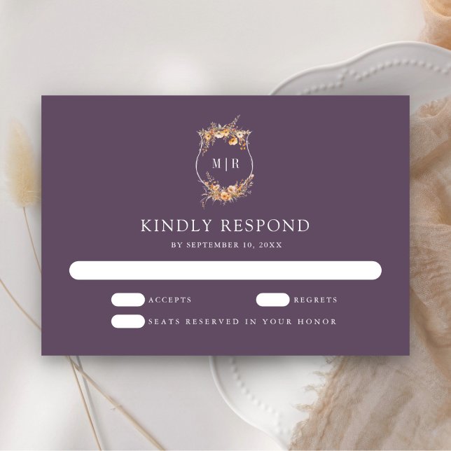 Fall Autumn Wildflower Crest Dusty Purple Wedding RSVP Card (Creator Uploaded)