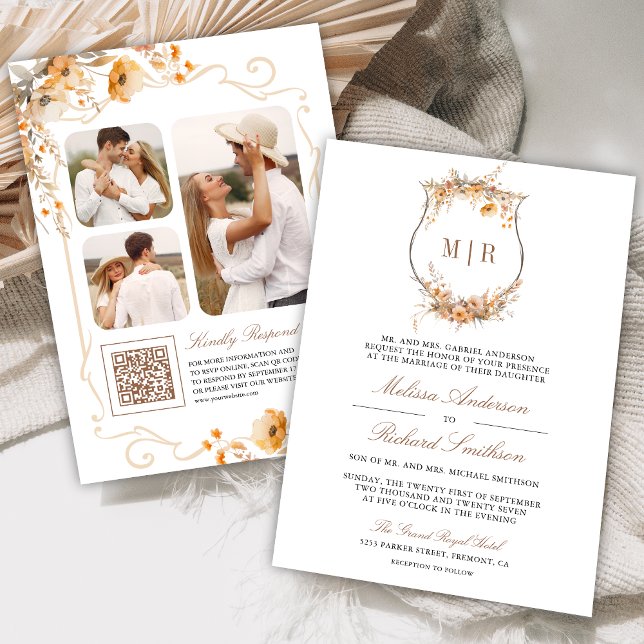Fall Autumn Wildflower Crest QR Code Wedding Invitation (Creator Uploaded)