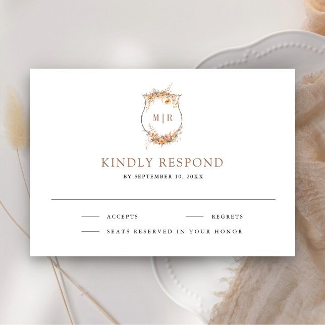Fall Autumn Wildflower Monogram Crest Wedding RSVP Card (Creator Uploaded)