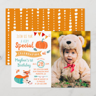 Fall Autumn Woodland Fox Pumpkin Photo Birthday Invitation