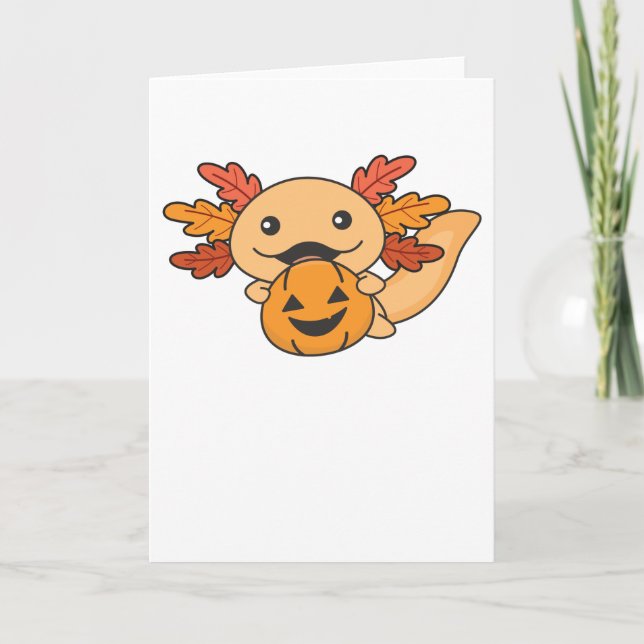 Fall Axolotl With Fall Leaves Pumpkin Fall Holiday Card (Front)