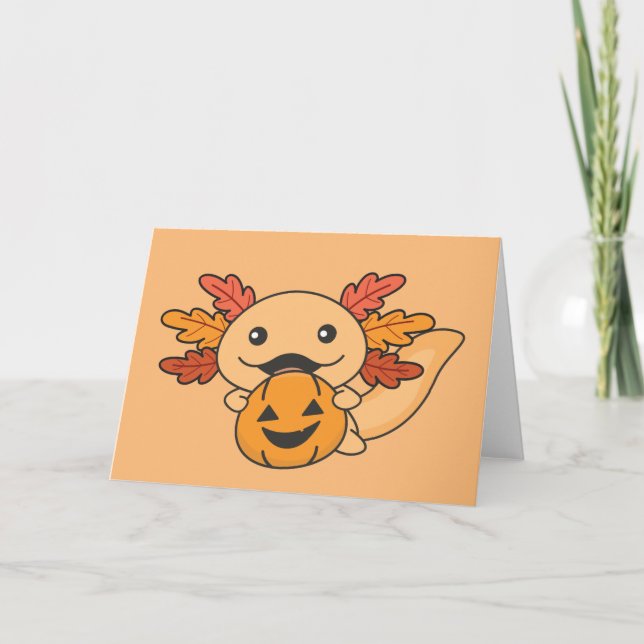 Fall Axolotl With Fall Leaves Pumpkin Fall Holiday Card (Front)