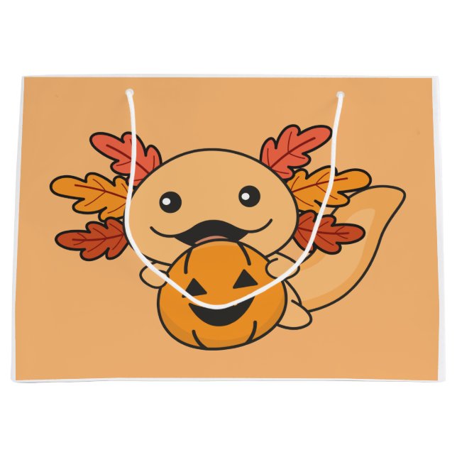 Fall Axolotl With Fall Leaves Pumpkin Fall Large Gift Bag (Front)