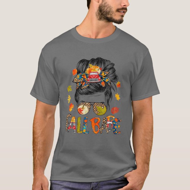 Fall Babe Fall Mom Blessed Messy Bun Leopard Thank T-Shirt (Front)