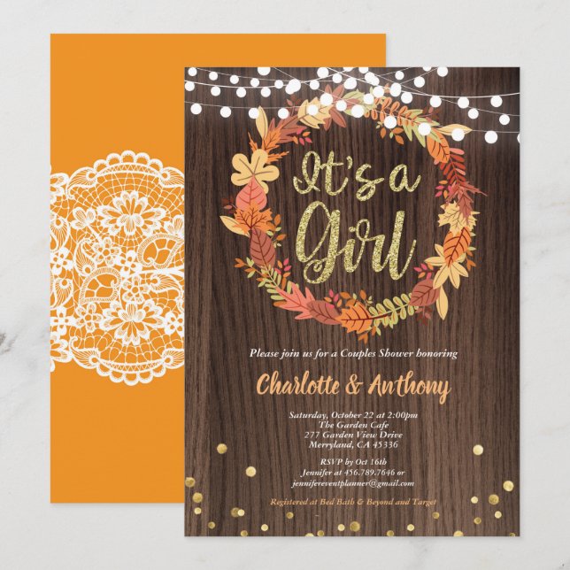 Fall baby girl shower invitation wreath rustic (Front/Back)
