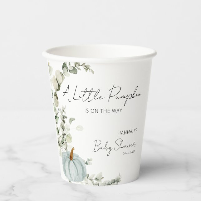 Fall Baby Shower A Little Pumpkin Blue Paper Cups (Front)