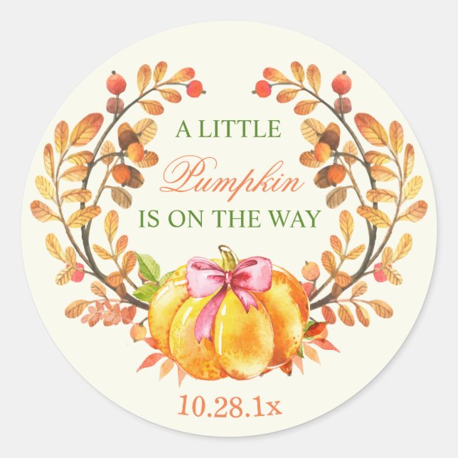 Fall Baby Shower A Little Pumpkin is on the Way Classic Round Sticker (Front)