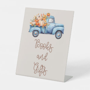 Fall Baby Shower Blue Pumpkin Truck Books And Gift Pedestal Sign