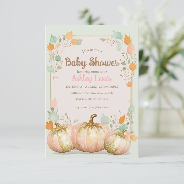 Fall Baby shower pumpkin invitation pink gold (Standing Front)