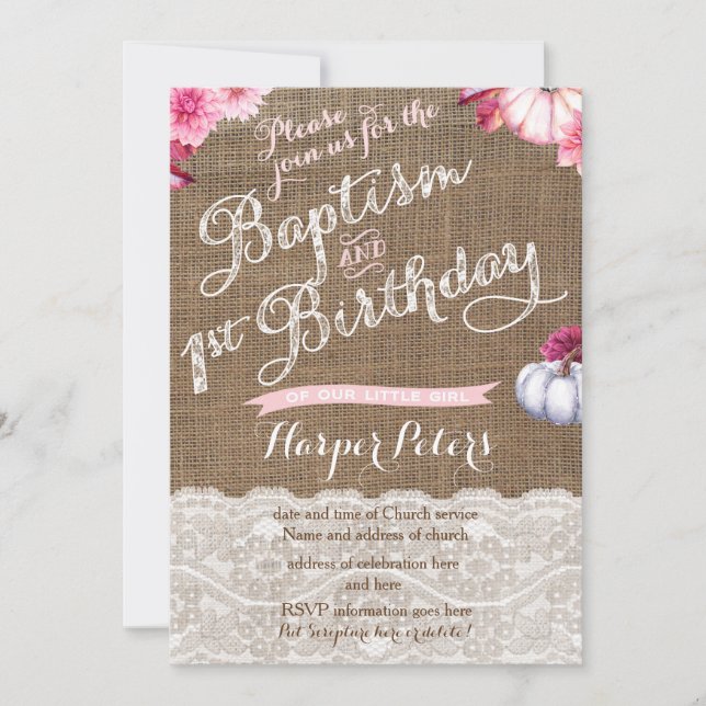 Fall Baptism 1st Birthday Celebration for girl Invitation (Front)