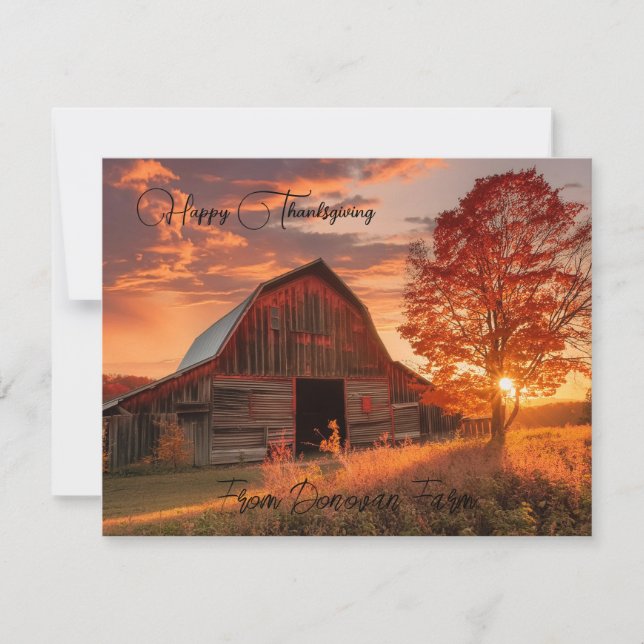 Fall barn sunset custom thanksgiving greeting holiday card (Front)