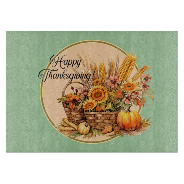 Fall Basket, Flowers, Pumpkins, Maize Round Cutting Board (Front)