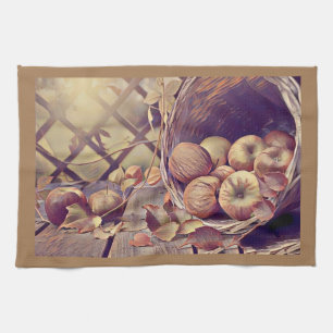 Fall basket of apples fruits watercolor vintage kitchen towel